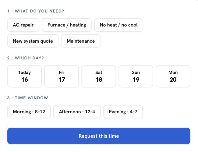 The online booking widget: pick a service, a day, and a time window