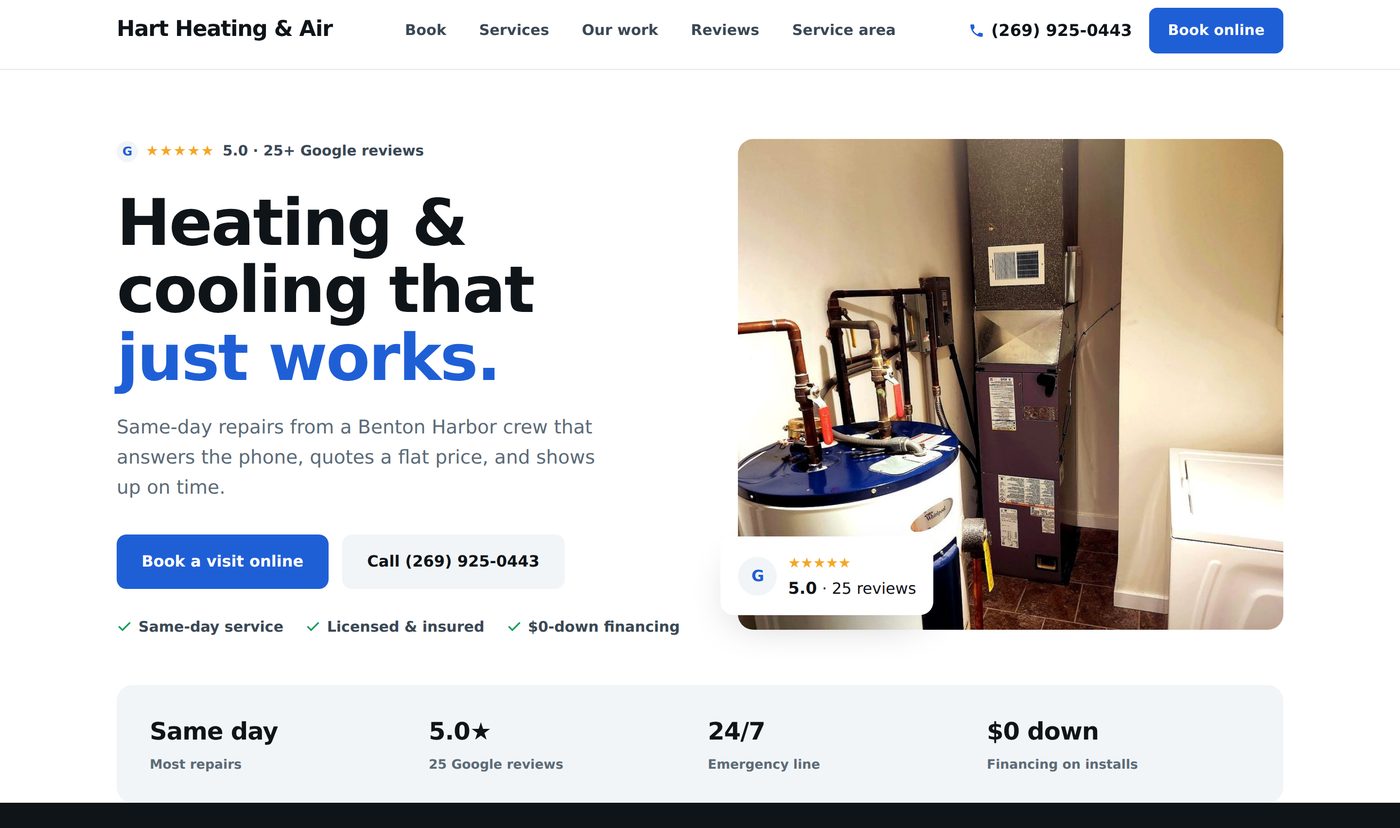 A home-service website built by Never Miss Method, shown in a browser window